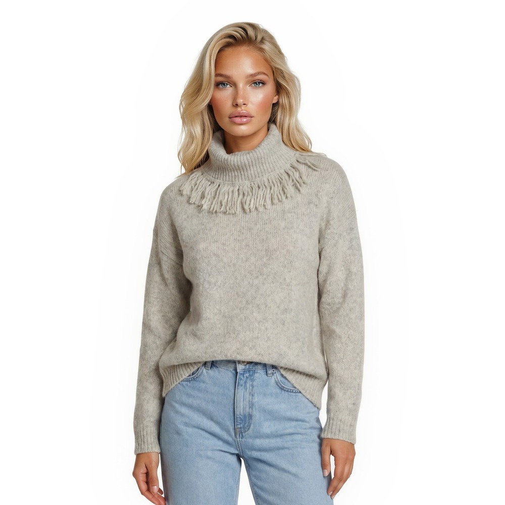 Moth Anthropologie Sweater Women's Size XS Oatmeal Cowl Neck Fringe Wool Blend